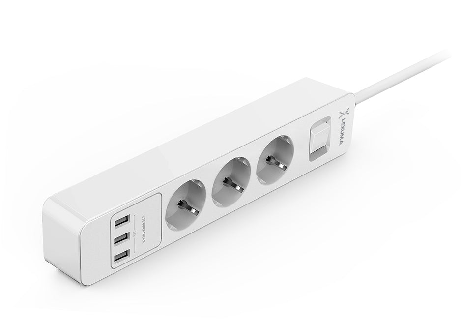 Lexuma XStrip:  EU Surge Protected Power Strip with 3 USB Charging Ports